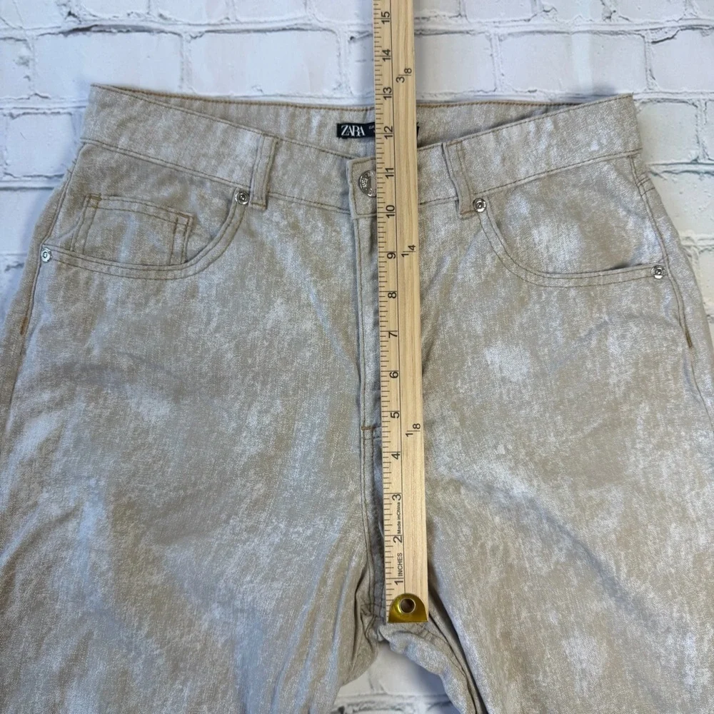 ✅ Zara Beige printed Wide straight Leg Pants linen cotton blend size S